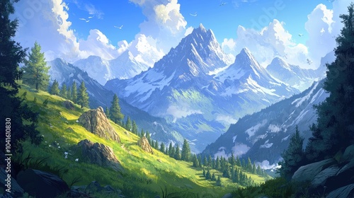 Majestic mountain landscape showcasing towering peaks and lush valleys