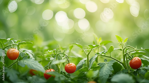 Red tomatoes on a summer day, green leaves of plants in sunlight close-up