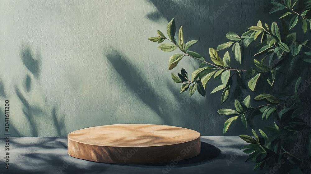 Oil painting of a wooden podium surrounded by leaves and shadows showcasing a realistic platform for product display in a minimalistic nature setting Oil painting of a wooden podium surrounded by leaves and shadows showcasing a realistic platform for product display in a minimalistic nature setting