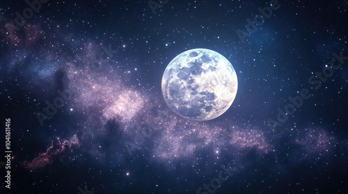 Low light and long exposure photography capturing 3D cartoon rendered infinite deep space cosmos Grainy texture with a soft focus background featuring a night sky the Milky Way a full moon and con