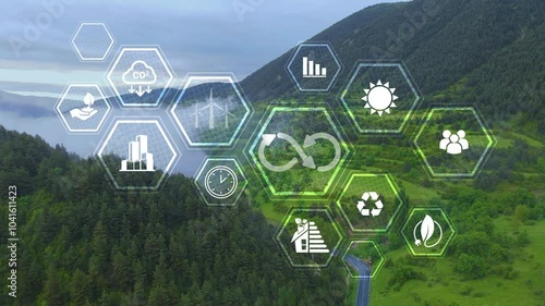 Circular economy icon on green nature background, Circular economy, sustainability and sustainable development.Reusing,renovating and recycling.Circular economy concept..