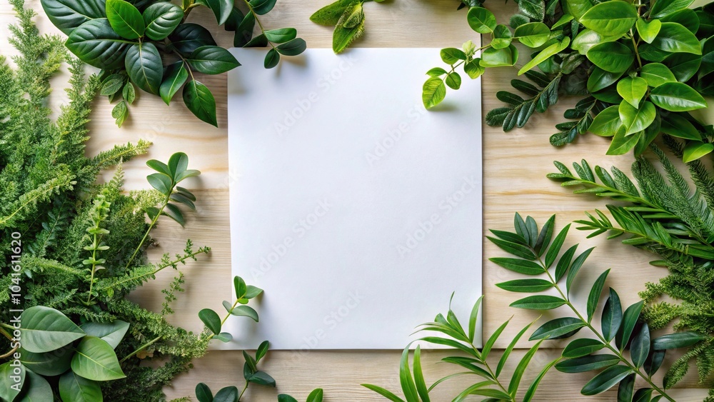 blank paper decorated with plant foliage from above blank paper decorated with plant foliage from above