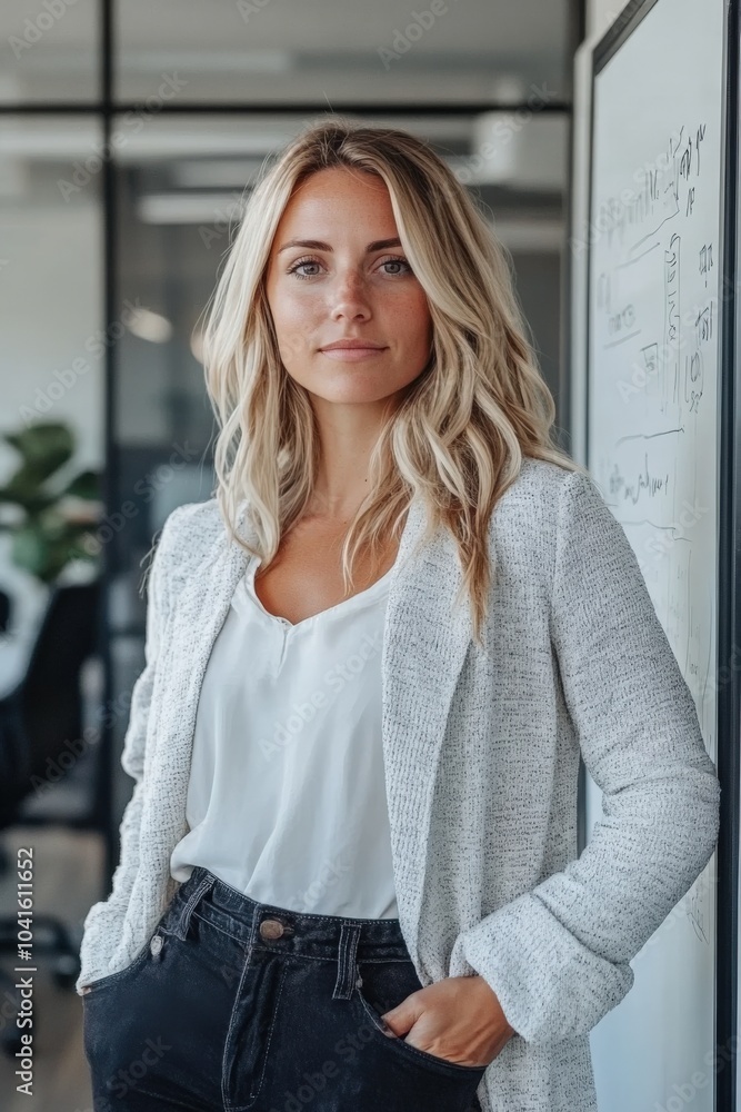 Professional woman standing by a whiteboard, explaining a business concept to her colleagues, exuding confidence and leadership. Professional woman standing by a whiteboard, explaining a business concept to her colleagues, exuding confidence and leadership.