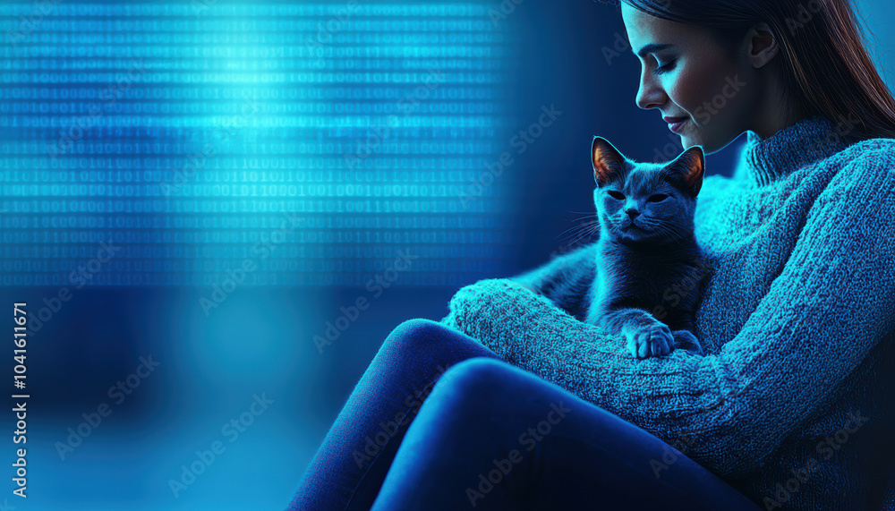 Naklejka premium A person sitting with their pet, A woman cuddles her cat at night, creating a serene atmosphere filled with love and warmth. Perfect for pet enthusiasts.