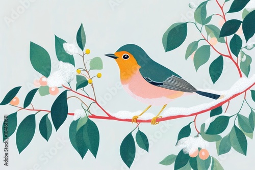 Illustration of a robin perched on a snow covered branch