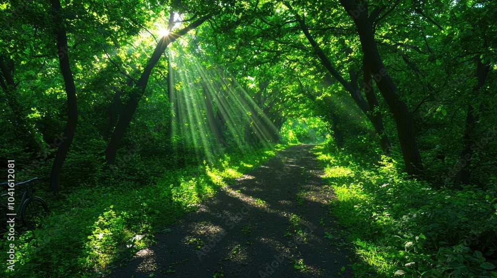 Obraz premium Sunlight Filtering Through Lush Green Forest Trees