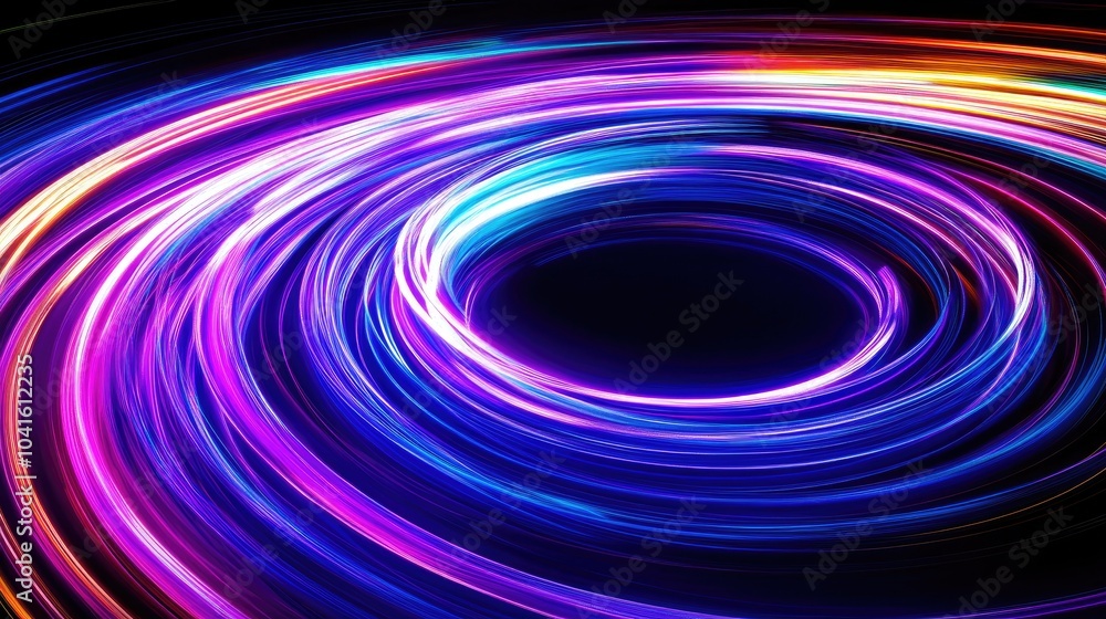 Neon circle lines in a 3D cartoon rendering featuring an empty copy space against a black background Colorful LED lights captured in a long exposure rotation photo showcasing eco friendly shiny li Neon circle lines in a 3D cartoon rendering featuring an empty copy space against a black background Colorful LED lights captured in a long exposure rotation photo showcasing eco friendly shiny li