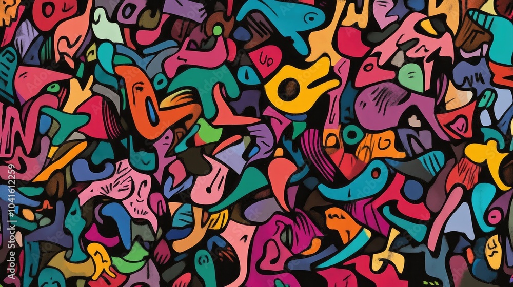 Line art illustration of an abstract painting featuring a chaotic arrangement of vibrant multicolored shapes and figures delineated by black lines Line art illustration of an abstract painting featuring a chaotic arrangement of vibrant multicolored shapes and figures delineated by black lines