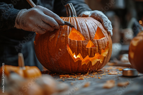 Generative AI photo of funny halloween pumpkins outdoors horror autumn night decor photo