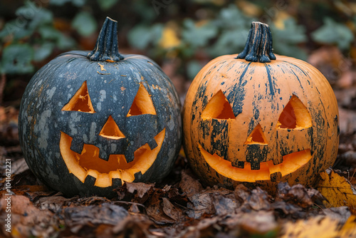 Generative AI photo of funny halloween pumpkins outdoors horror autumn night decor photo