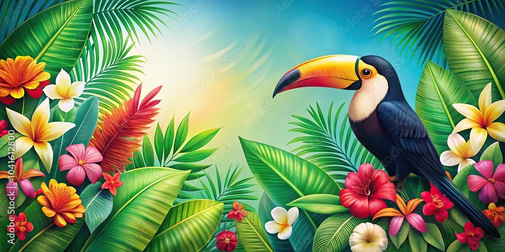 background of tropical flowers with leaves and toucan reflected background of tropical flowers with leaves and toucan reflected