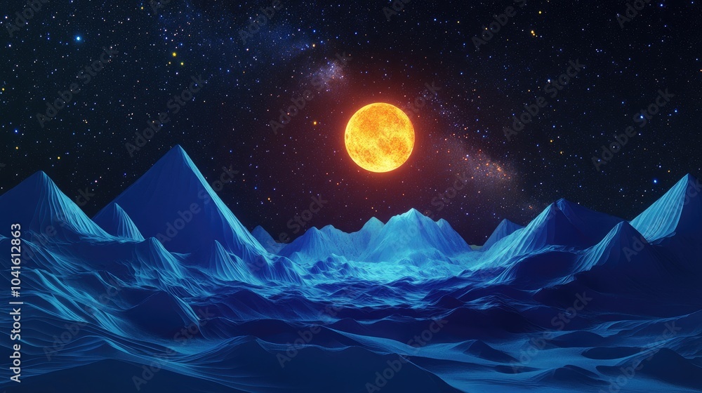 Fototapeta premium 3D cartoon depiction of a nighttime scene featuring a starry sky with the Milky Way above mountains illuminated by the rising moon