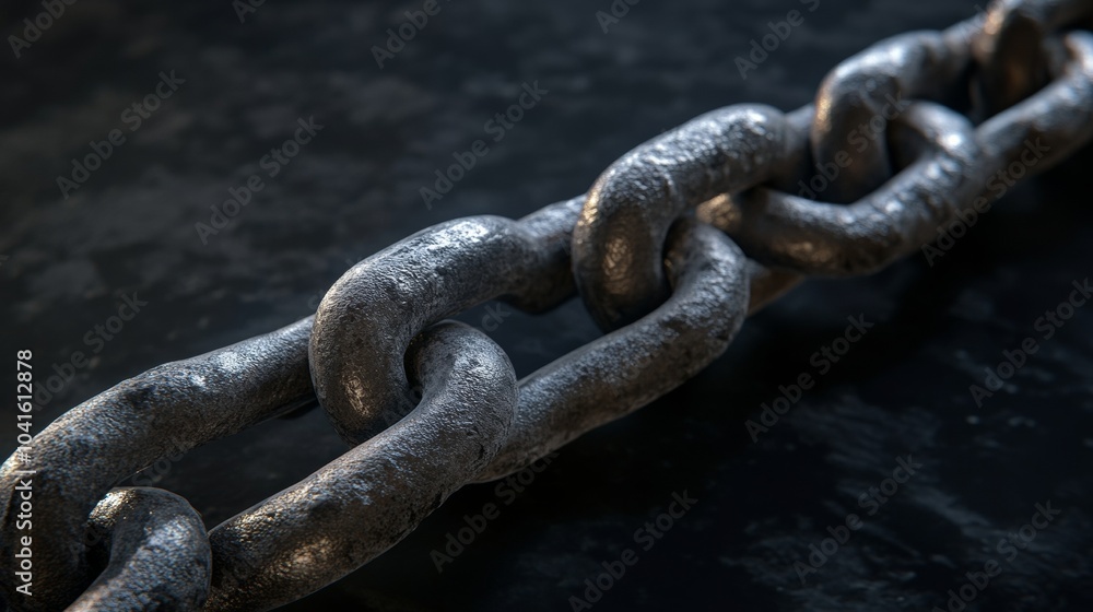 Heavy metal chain shines on a dark background, showing strength and power. The close-up image captures its industrial essence and rugged texture, symbolizing connection and resilience Heavy metal chain shines on a dark background, showing strength and power. The close-up image captures its industrial essence and rugged texture, symbolizing connection and resilience