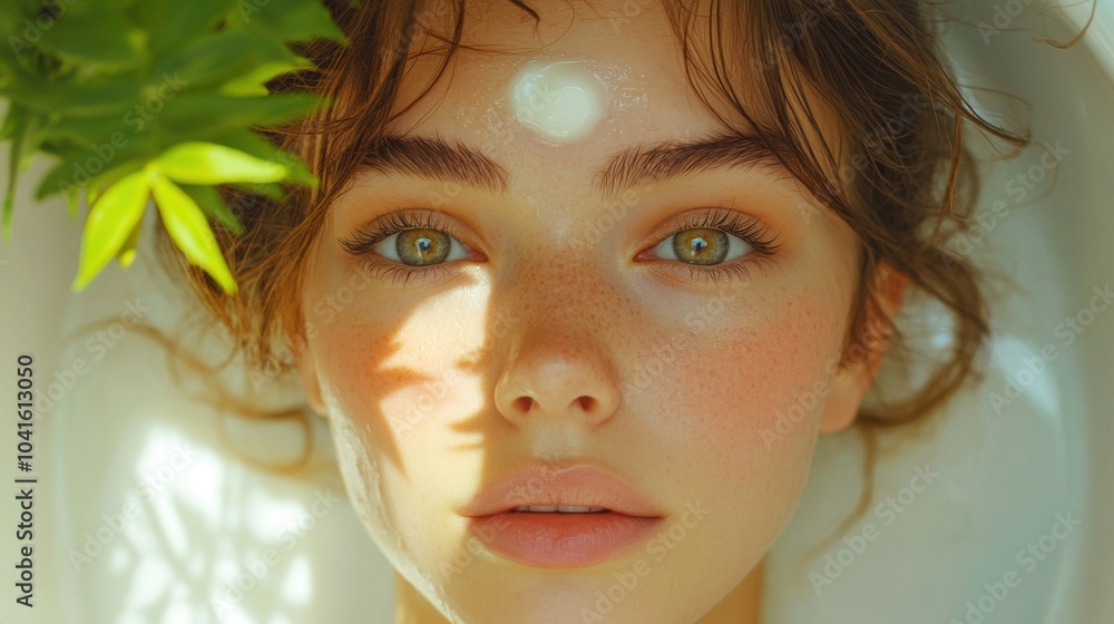 Eye cream under eyes, bathroom sink with plants, smooth cream texture, rejuvenating, natural light effect. Eye cream under eyes, bathroom sink with plants, smooth cream texture, rejuvenating, natural light effect.