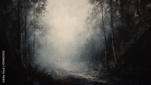 Fototapeta Naklejka Na Ścianę i Meble -  Oil painting depicting a misty forest panorama with an eerie fairy tale like atmosphere showcasing spooky woods shrouded in fog on a cold morning