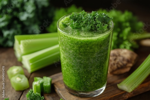 Healthy green smoothie with kale and celery, selective focus