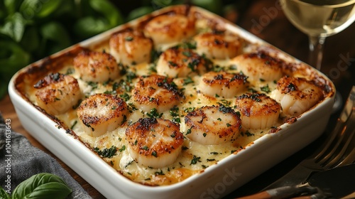 A white baking dish with a creamy, cheesy scallop dish.