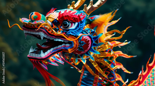 A festive dragon dance parade with colorful costumes