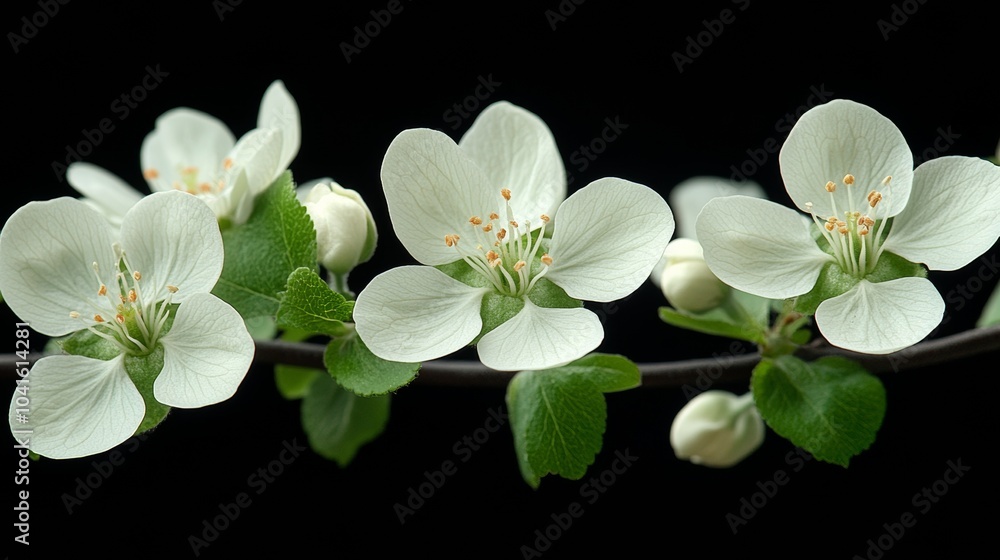 Close-up shot of a flowering apple tree branch with delicate white petals and fresh green leaves, creating a beautiful contrast against a dark background Close-up shot of a flowering apple tree branch with delicate white petals and fresh green leaves, creating a beautiful contrast against a dark background