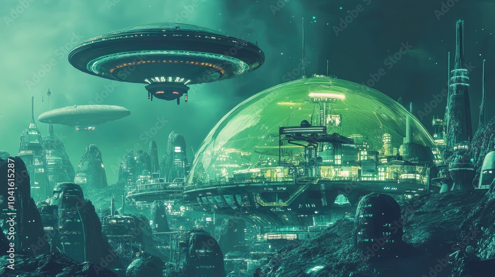 Abstract sci fi background featuring a 3D cartoon rendering of a colony under a dome with an alien spaceship above depicting a scientific experiment involving teleportation to another world or dim Abstract sci fi background featuring a 3D cartoon rendering of a colony under a dome with an alien spaceship above depicting a scientific experiment involving teleportation to another world or dim