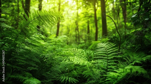 Lush Green Forest with Ferns in Natural Light