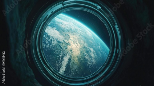 Fototapeta Naklejka Na Ścianę i Meble -  Earth planet viewed through a spaceship window porthole in a 3D cartoon rendering