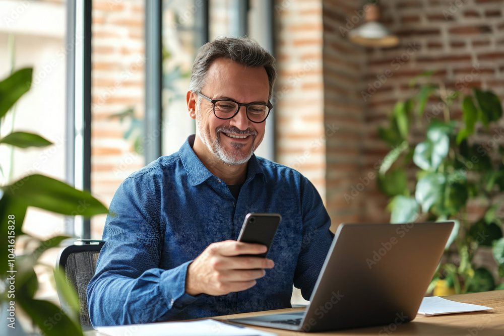 A man smiles while looking at his phone and sitting in front of an open laptop. A man smiles while looking at his phone and sitting in front of an open laptop.
