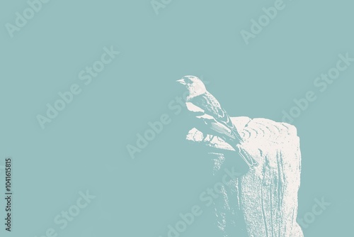 Petit oiseau pinson des arbres avec effet bichromie bleu menthe pastel et beige clair photo