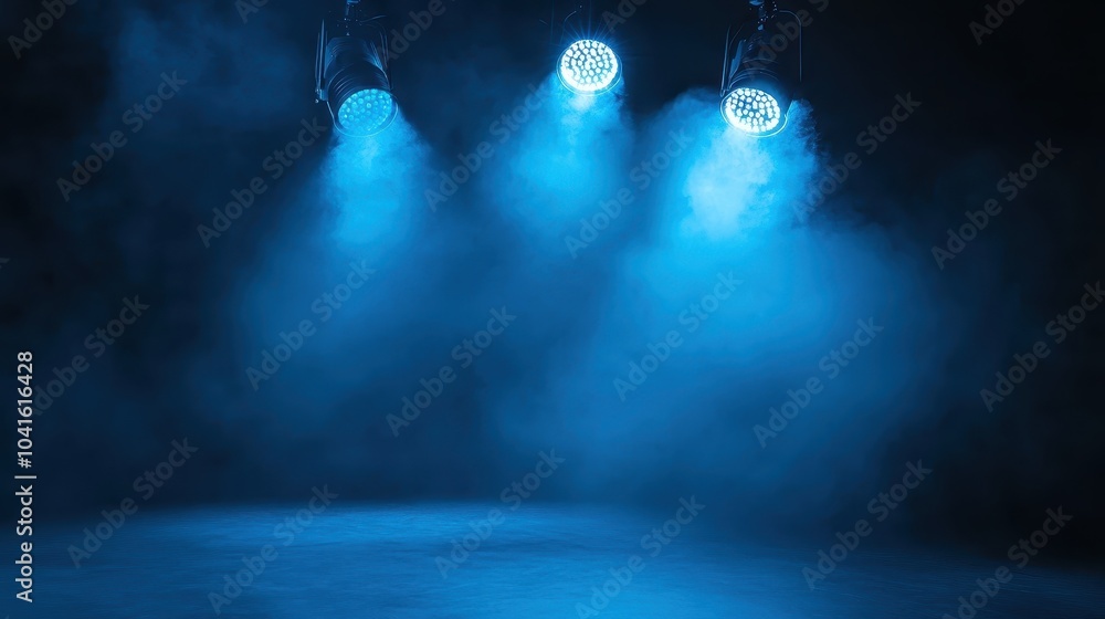 Naklejka premium Blue Spotlights on Stage with Fog Effects