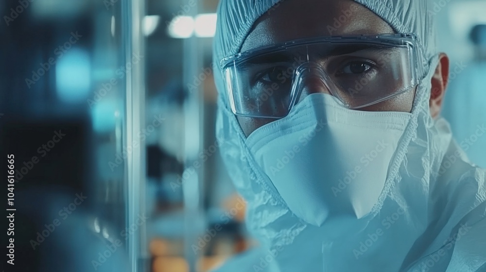 Man in a clean room suit carefully assembling electronic components in a high-tech factory. Man in a clean room suit carefully assembling electronic components in a high-tech factory.