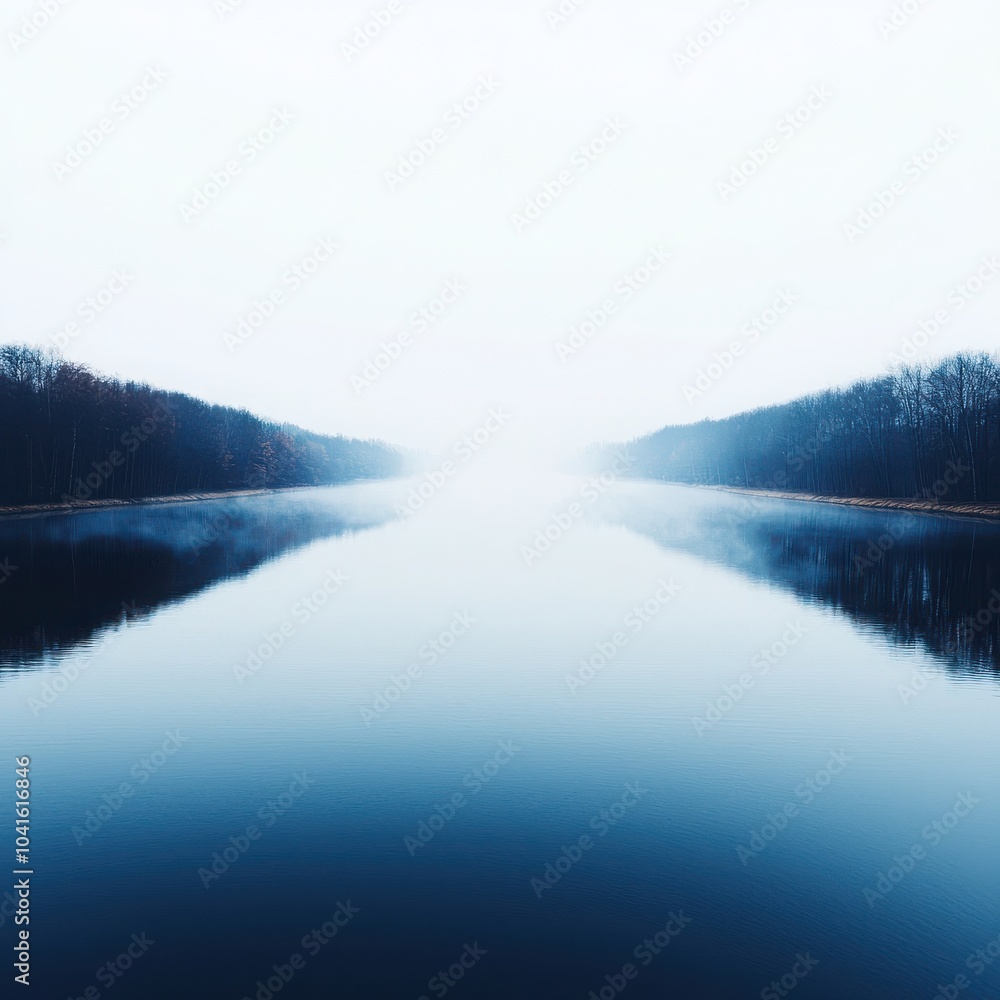 Fototapeta premium Serene river reflection under diffused light, tranquil natural scenery