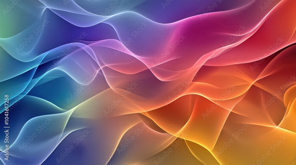 Obraz premium A background of undulating fractal waves in a spectrum of colors, reminiscent of a rainbow under sunlight. 