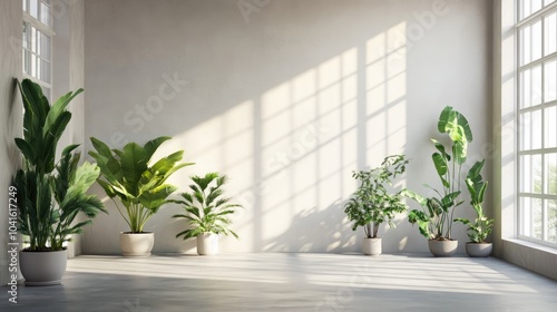 Concept of a minimalistic Scandinavian room featuring potted plants and expansive walls with white views through windows Nordic interior design in a 3D illustration