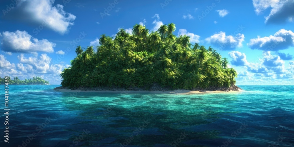 Fototapeta premium Tropical island with clear waters and lush greenery, perfect for relaxation and leisure activities in a serene natural setting