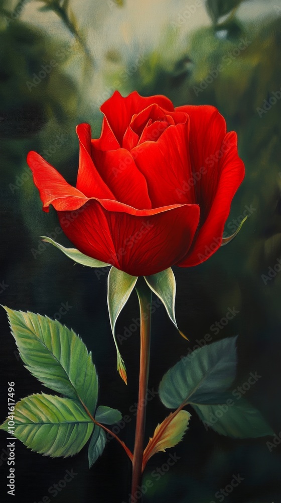 Fototapeta premium Single red rose in full bloom stands tall against a blurred green background, capturing the beauty and elegance of nature