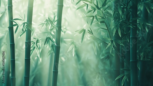 Lush green bamboo stalks surrounded by soft, diffused light create a serene and tranquil atmosphere in a forest setting.