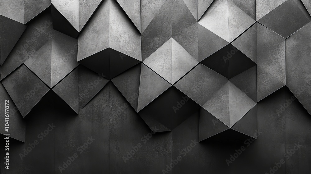 Fototapeta premium Modern abstract geometric wall design featuring textured hexagons in black and gray shades, perfect for contemporary interior aesthetics.
