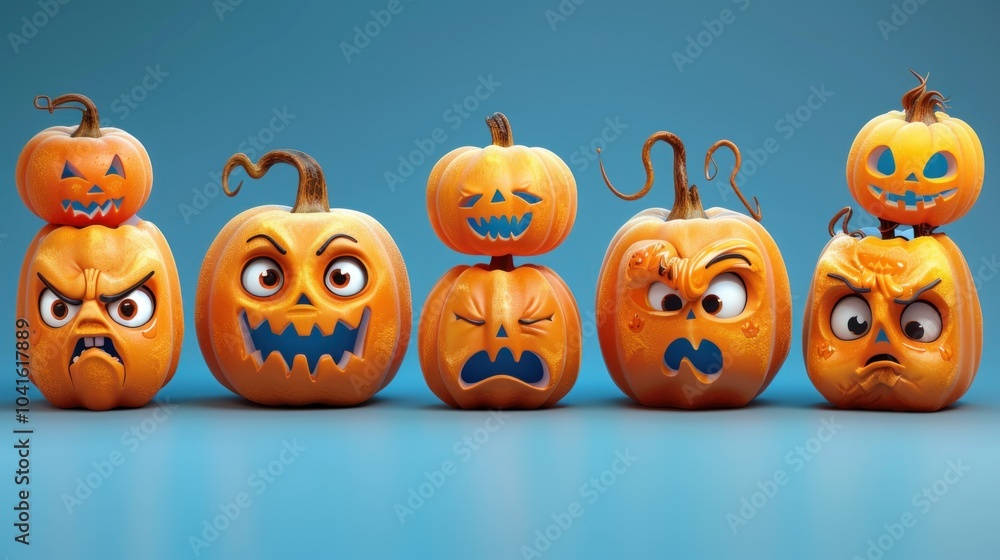 Creative and colorful array of expressive Halloween pumpkins lined up against a vibrant blue background. Generative AI Creative and colorful array of expressive Halloween pumpkins lined up against a vibrant blue background. Generative AI