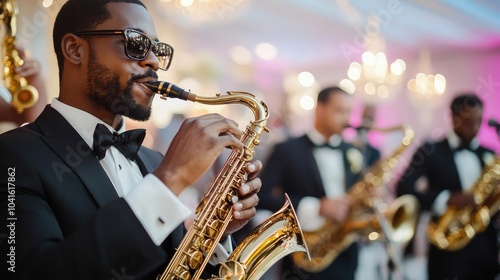 Jazz band performing at a wedding, elegant performers in formal attire, classic and sophisticated wedding entertainment