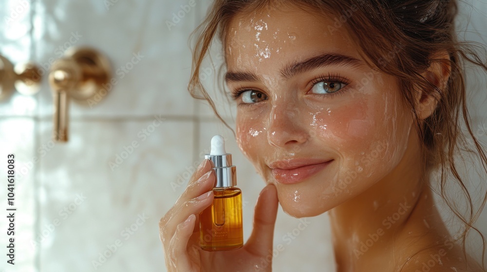 Fototapeta premium Serum gently applied to cheeks, bright bathroom with white tiles, glass dropper and bottle nearby, smooth and glowing skin, focused on texture and care.