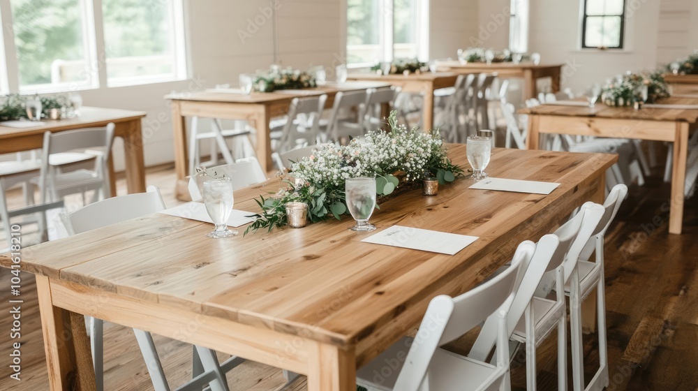 Rustic indoor wedding with wooden tables and wildflower centerpieces, natural and bohemian theme, warm and cozy atmosphere Rustic indoor wedding with wooden tables and wildflower centerpieces, natural and bohemian theme, warm and cozy atmosphere