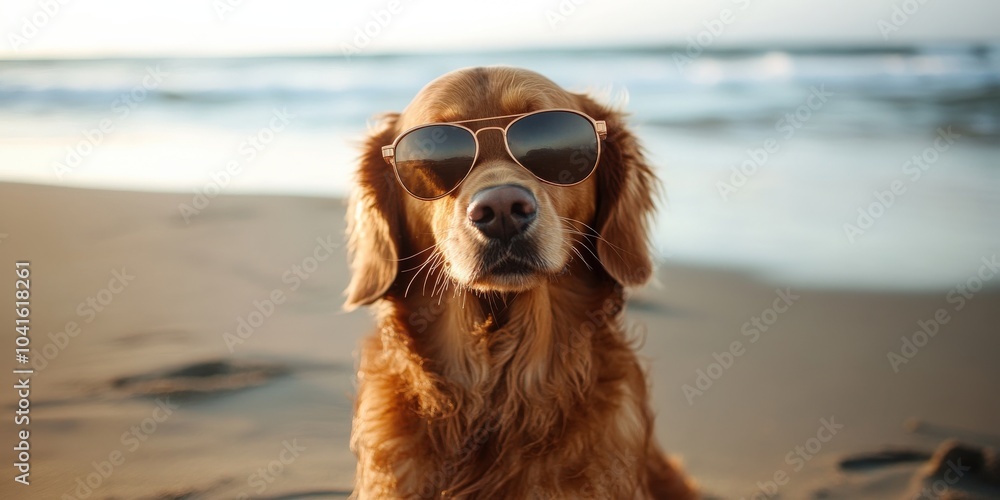 Dog In Sunglasses. Golden Retriever Enjoying Beach Day with Waves and Ocean View Dog In Sunglasses. Golden Retriever Enjoying Beach Day with Waves and Ocean View