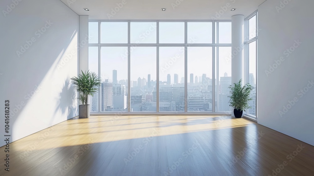 Modern white meeting room with blank wall, wooden floor, panoramic windows offering city views, and natural light. Rendered in 3D. Modern white meeting room with blank wall, wooden floor, panoramic windows offering city views, and natural light. Rendered in 3D.