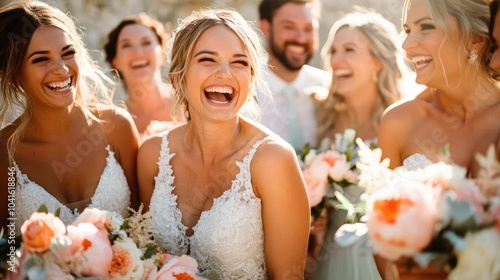 Candid moment of the bridal party laughing together, captured in vibrant sunlight, joyful and spontaneous wedding photography