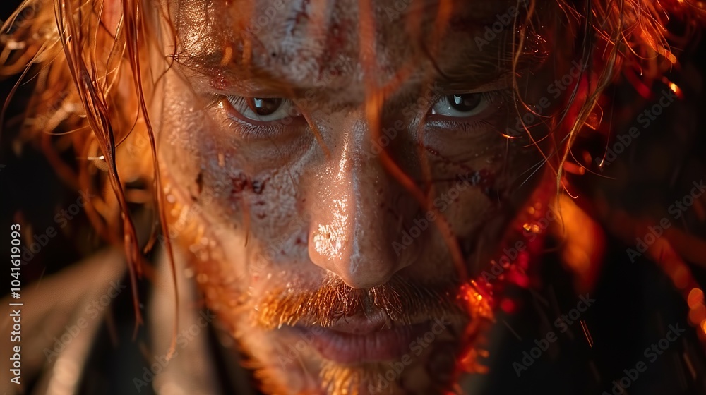 Intense Close-Up Portrait of a Man with Blood on His Face Intense Close-Up Portrait of a Man with Blood on His Face