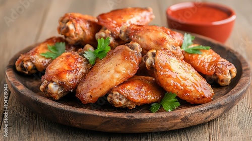 Deliciously spicy chicken wings served with a tangy sauce on a rustic wooden plate for the perfect snack or appetizer