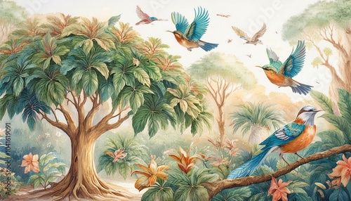 Wallpaper Mural New Vintage tree flower bird Background. Torontodigital.ca
