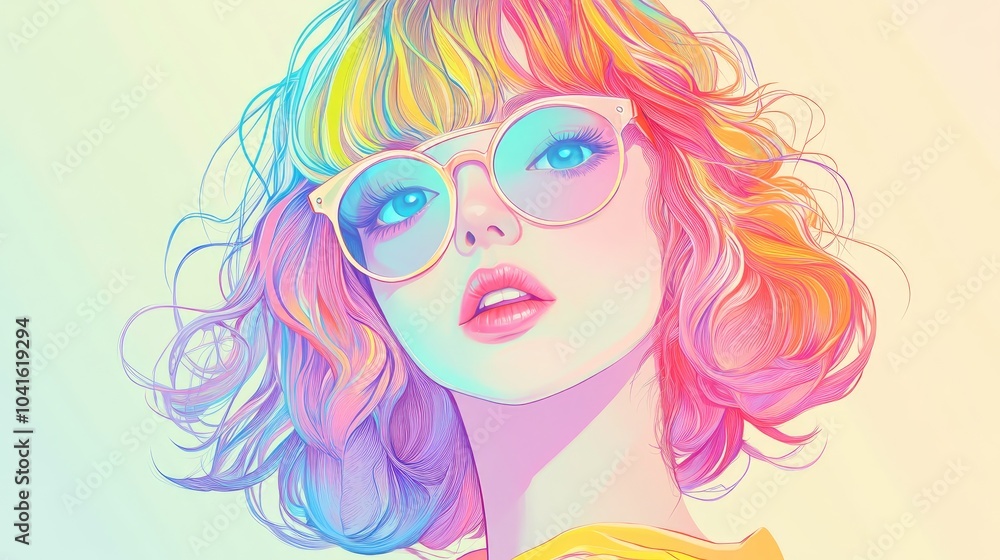 Pastel Anime Girl With Colorful Hair And Sunglasses Featuring Pastel Rainbow Hues Anime Manga Girl Illustration In Trendy 80S Synthwave Style Pastel Anime Girl With Colorful Hair And Sunglasses Featuring Pastel Rainbow Hues Anime Manga Girl Illustration In Trendy 80S Synthwave Style