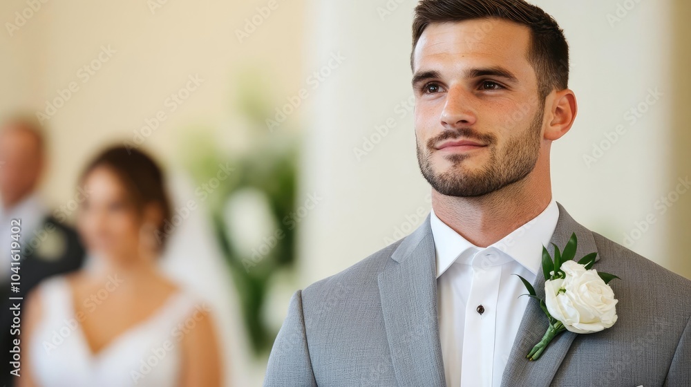 Groom standing confidently in a modern gray suit, gazing down the aisle as the bride approaches, poised and emotional wedding moment Groom standing confidently in a modern gray suit, gazing down the aisle as the bride approaches, poised and emotional wedding moment