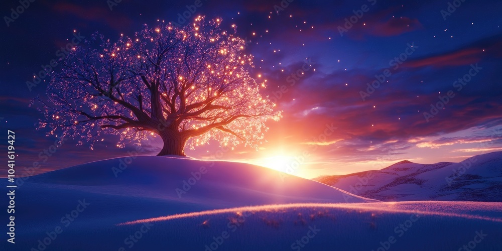 Snow-covered hill at dawn, illuminated by soft light, featuring a large bare tree on the left side, Winter landscape with a hill and a large tree at sunrise Snow-covered hill at dawn, illuminated by soft light, featuring a large bare tree on the left side, Winter landscape with a hill and a large tree at sunrise